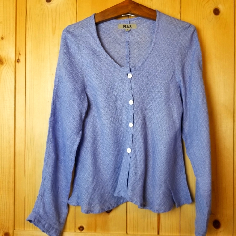 Flax Linen Open Weave Flare Hem Button Front Scoop Neck Long Sleeve Shirt